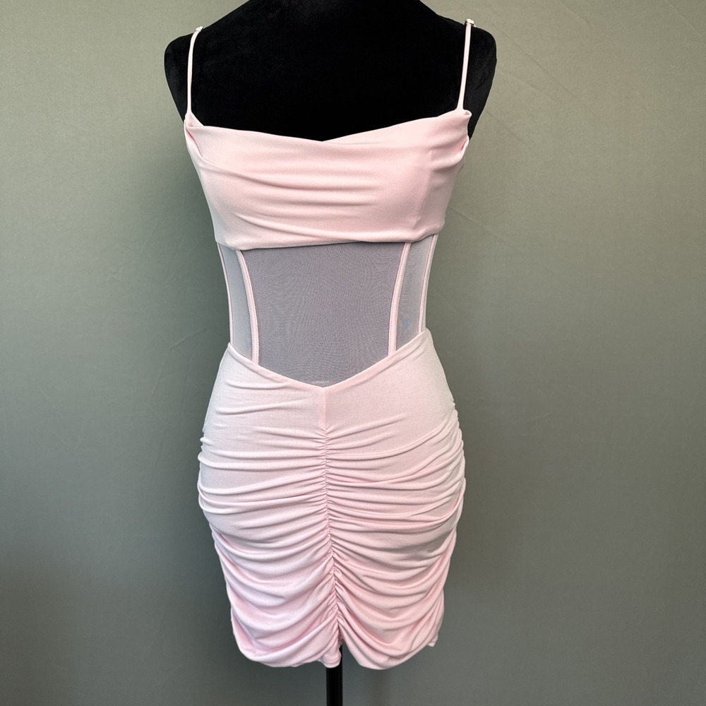 Lucy in the Sky Pale Pink bodycon corset lace up Ruched Mini Dress- size Medium
